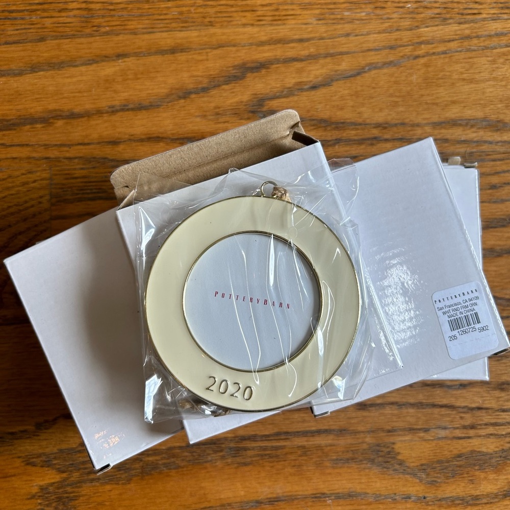 Pottery Barn round enamel frame ornaments dated 2020